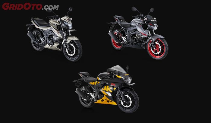 Suzuki GSX-150 Bandit (kiri), GSX-S150 (kanan), GSX-R150 (tengah)