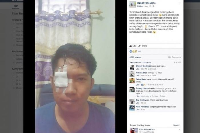 Postingan Rendhy saat dirinya terkena abu rokok dari pemotor