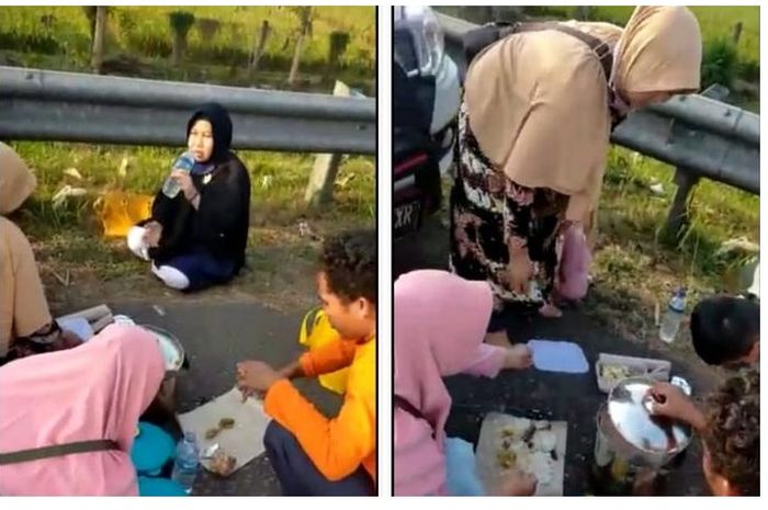 Viral rombongan keluarga makan lesehan di jalan tol