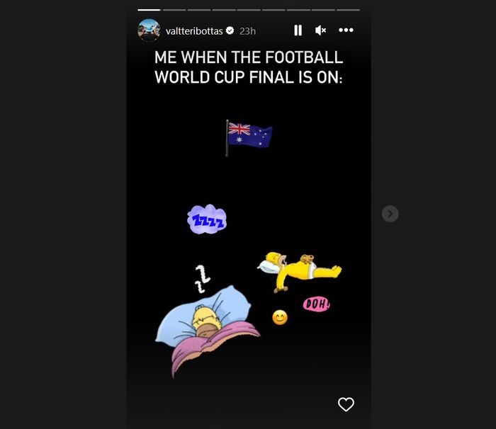 Instagram story Valteri Bottas yang mengisyaratkan dia tidak peduli dengan hasil laga final Piala Dunia 2022