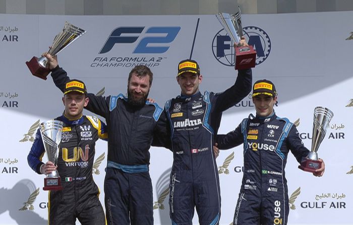 Nicholas Latifi (tengah) memenangkan race 1 F2 Bahrain 2019, podium kedua Luca Ghiotto (Uni-Virtuosi Racing), ketiga Sette Camara (DAMS)