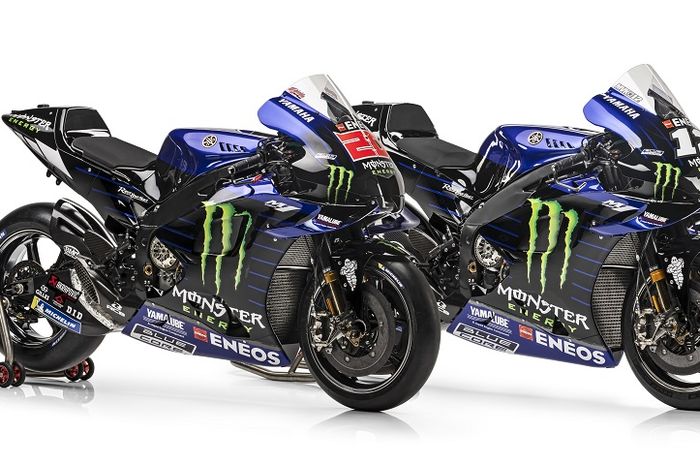 Livery motor Yamaha YZR-M1 dari tim Monster Energy Yamaha pada MotoGP 2021. 
