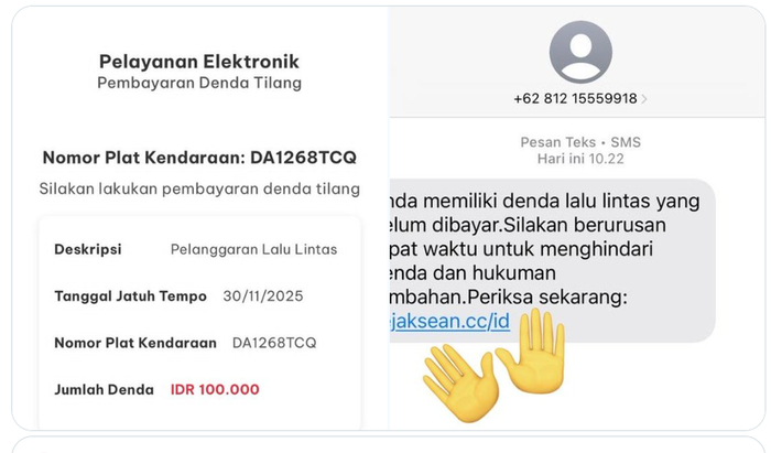 Contoh SMS tilang elektronik palsu oleh pelaku penipuan