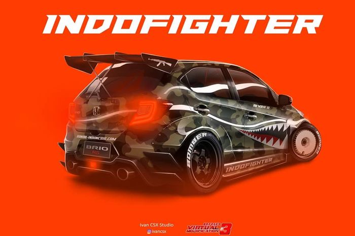 Modifikasi digital Honda Brio bercorak kamuflase gaya time attack