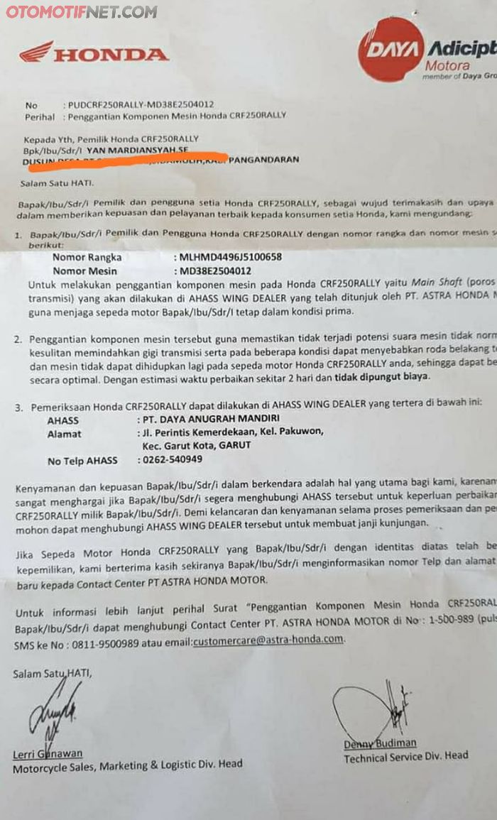 Surat pemanggilan pemilik Honda CRF250 Rally