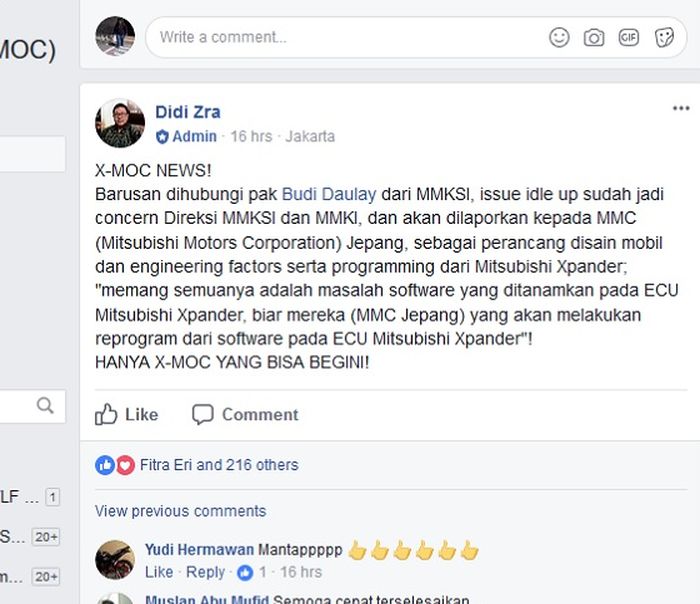 Postingan Didi Zra mengenai tanggapan Mitsubishi Soal Xpander