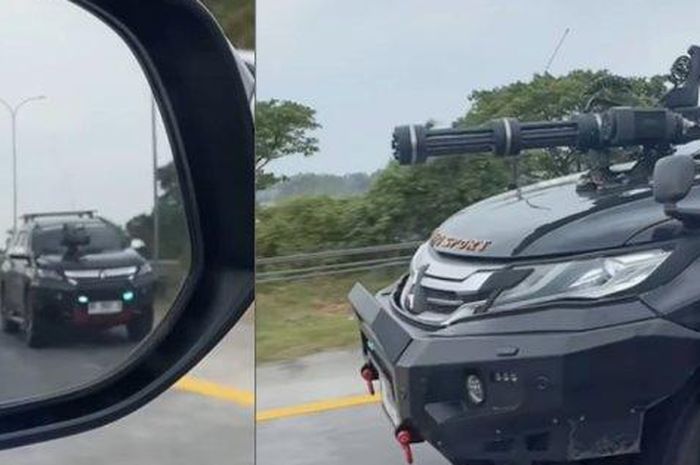 Viral Pajero Sport pakai aksesori senapan mesin di kap depan. Ini alasan pemilik nekat pasang
