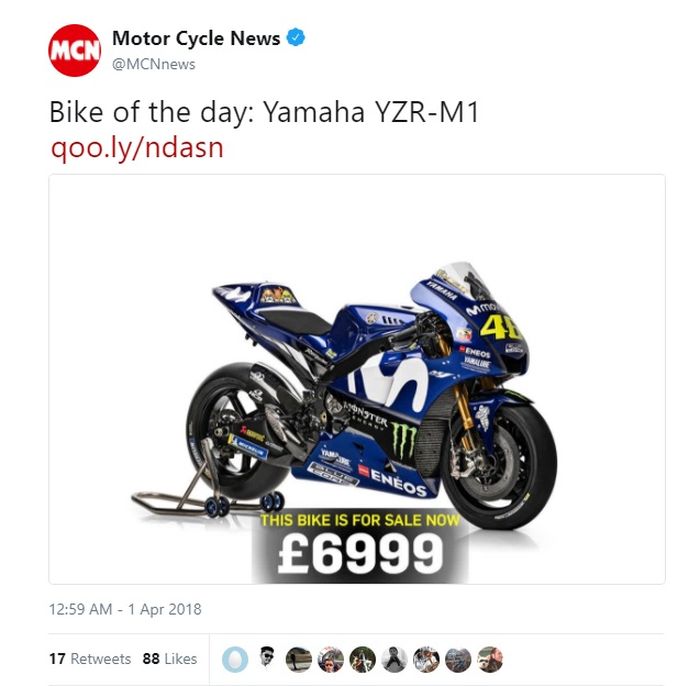 M1 masuk dalam 'bike of the day'-nya MCN