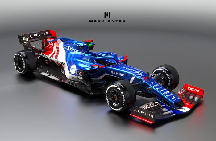 Rekayasa digital Mark Antar untuk livery mobil F1 tim Alpine, didominasi warna biru dengan aksen putih dan merah, khas bendera Prancis