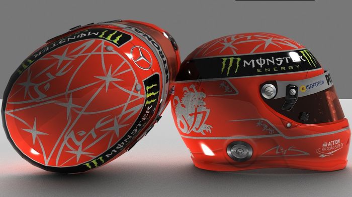 Livery helm Michael Schumacher di balap F1 ketika membela tim Mercedes pada tahun 2012