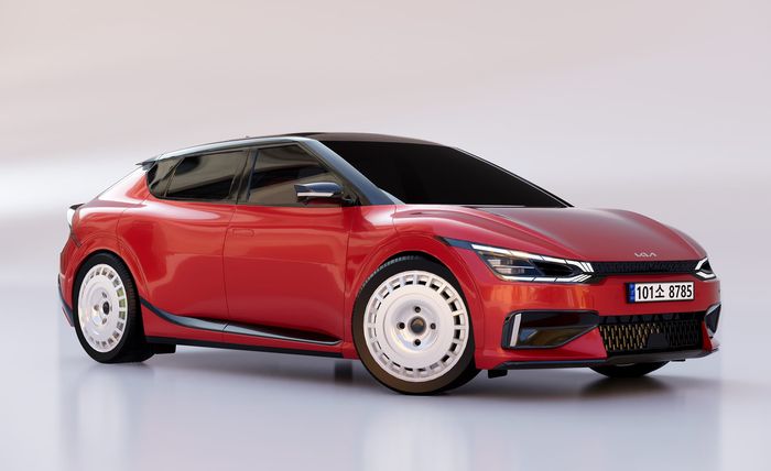 Kia EV6 dengan warna merah darah dijejali pelek model old school disc berdesain ala Rotiform VCE. 