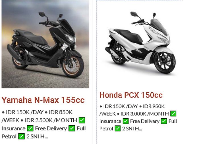 Harga sewa Honda PCX150 dan Yamaha NMAX