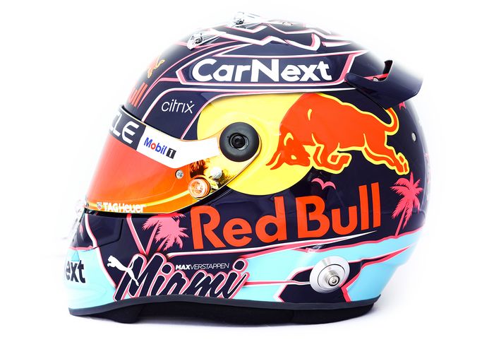 Livery helm Max Verstappen di F1 Miami 2022, gelap tetapi ada aroma pantainya pada bagian bawah helm