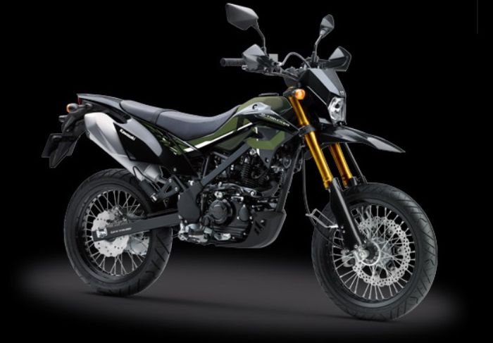 Kawasaki D-Tracker SE dengan warna hijau tua terlihat cukup 'army look'