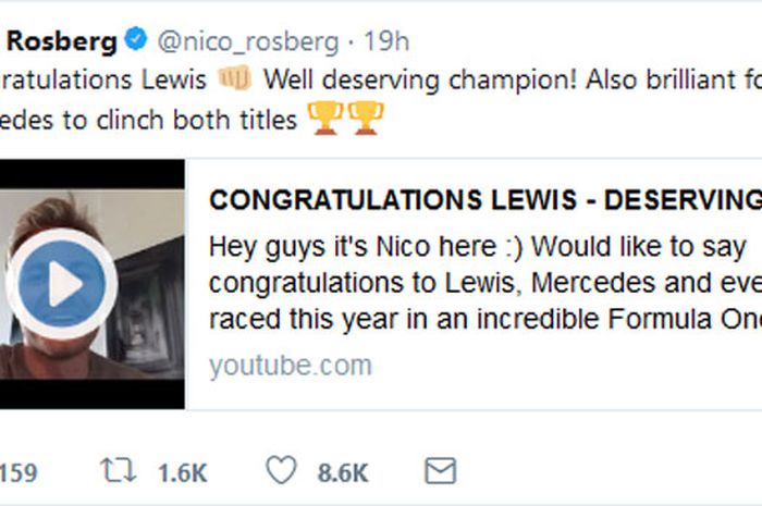 Nico Rosberg juara dunia F1 2016 mengucapkan selamat untuk Lewis Hamilton 
