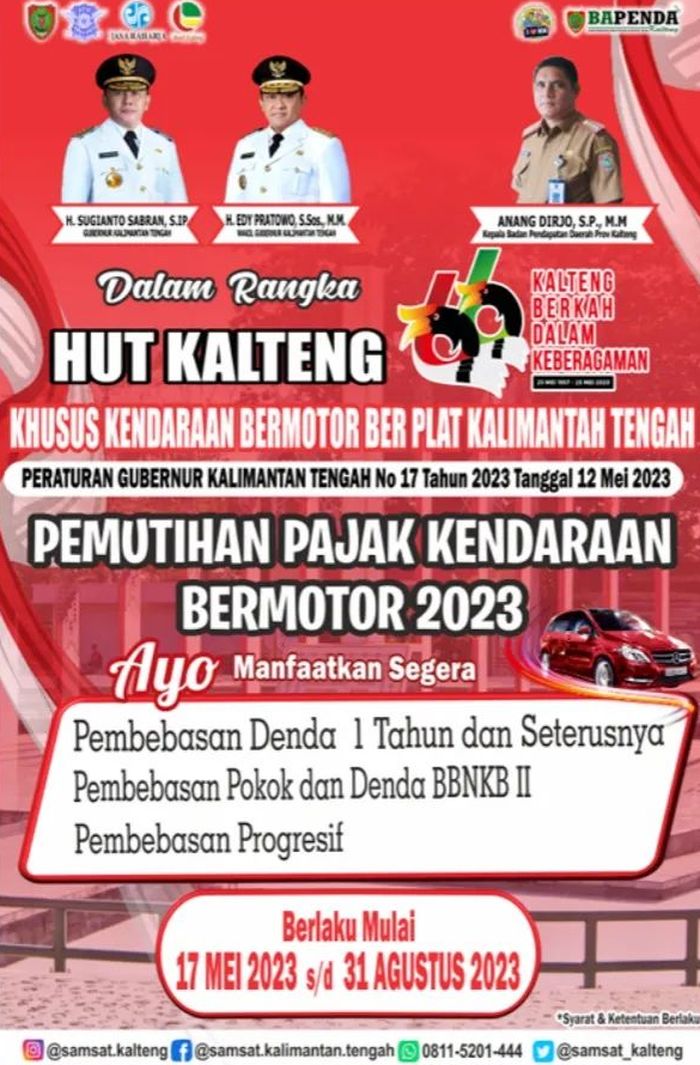 Program pemutihan pajak kendaraan 2023 di Kalimantan Tengah ada 3 keringanan.