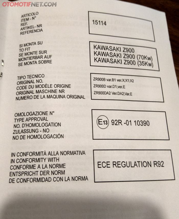 Kode identitas knalpot Leo Vince pada buku manual