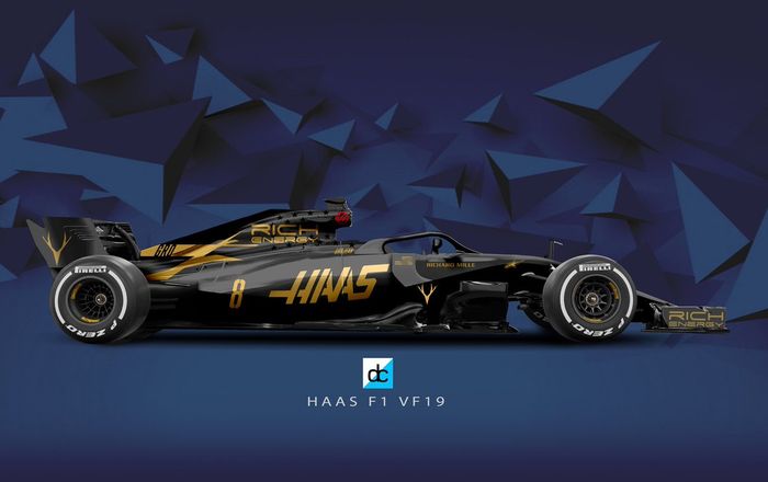 Livery mobil F1 2019 tim haas jika warna dasar hitam dengan aksen emas