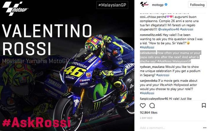 Valentino Rossi mendapat ribuan pertanyaan dari fansnya di konferensi pers MotoGP Malaysia via Instagram MotoGP