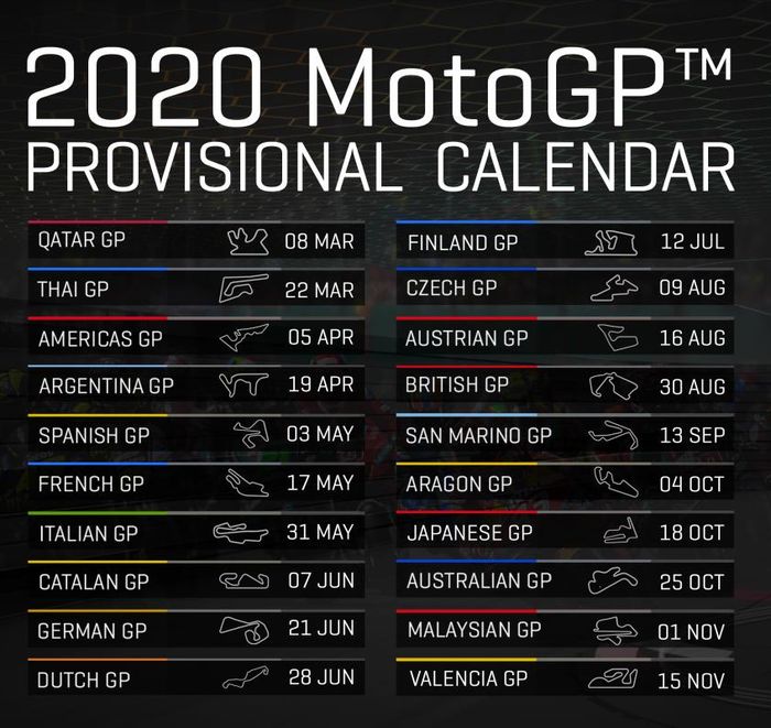 Jadwal sementara MotoGP 2020 yang terdiri dari 20 ronde dengan kehadiran MotoGP Finlandia di sirkuit KymiRing