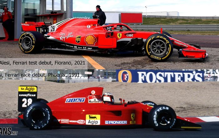 Giuliano Alesi di mobil Ferrari SF71H pada tes privat tim Ferrari, 25 Januari 2021 dan Jean Alesi mengemudikan Ferrari pada tahun 1991. Sama-sama bernomor #28