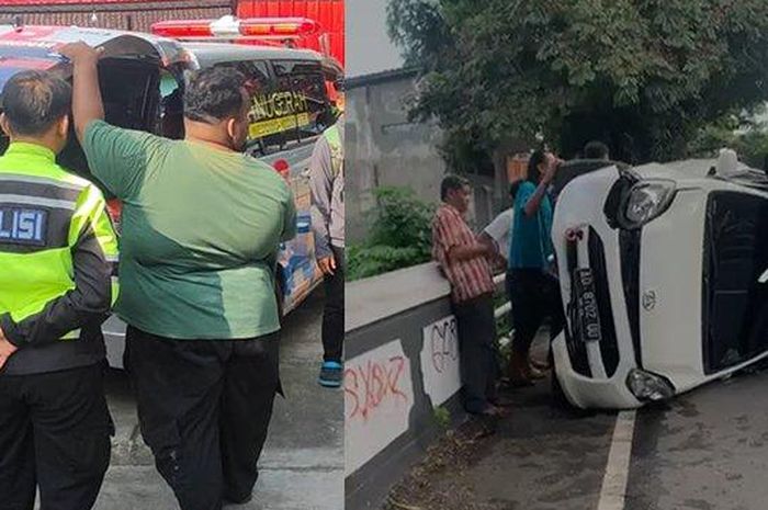 Daihatsu Ayla rebahan di jalan usai mendadak pincang saat sedang melaju