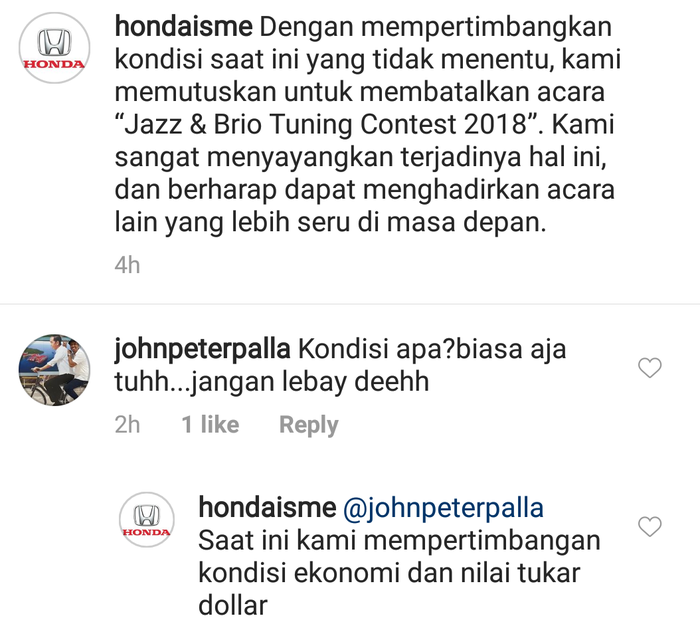 Kolom komentar posting pembatalan Jazz Brio Tunning Contest 2018