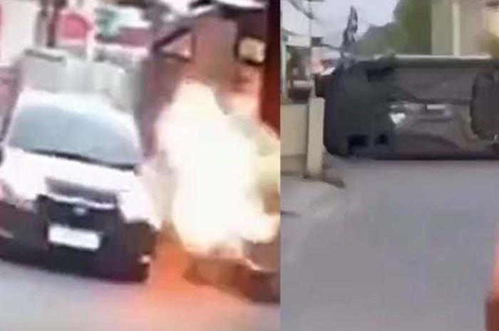 Honda Brio jungkir balik usai senggol pedagang kupat tahu