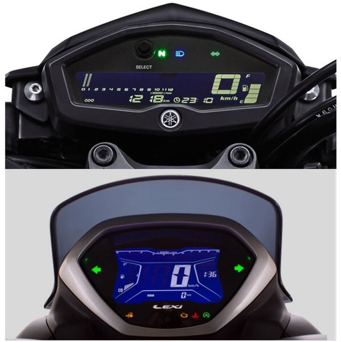 Panel instrumen Yamaha Xabre (atas) dan Lexi (bawah) menerapkan negative display