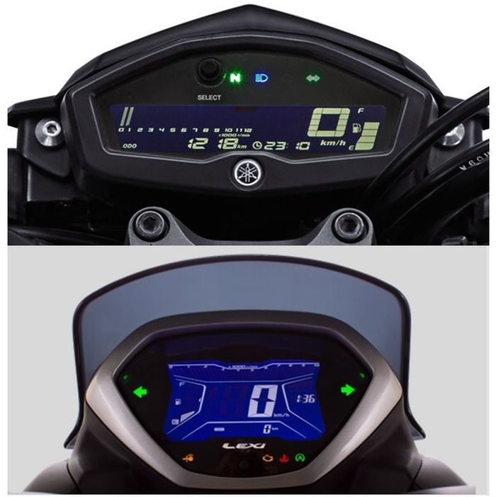 Panel instrumen Yamaha Xabre (atas) dan Lexi (bawah) menerapkan negative display