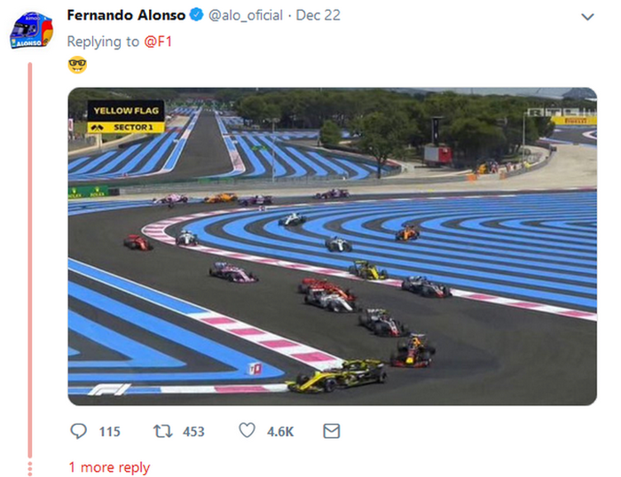 Postingan balasan Fernando Alonso ke akun Twitter Formula 1