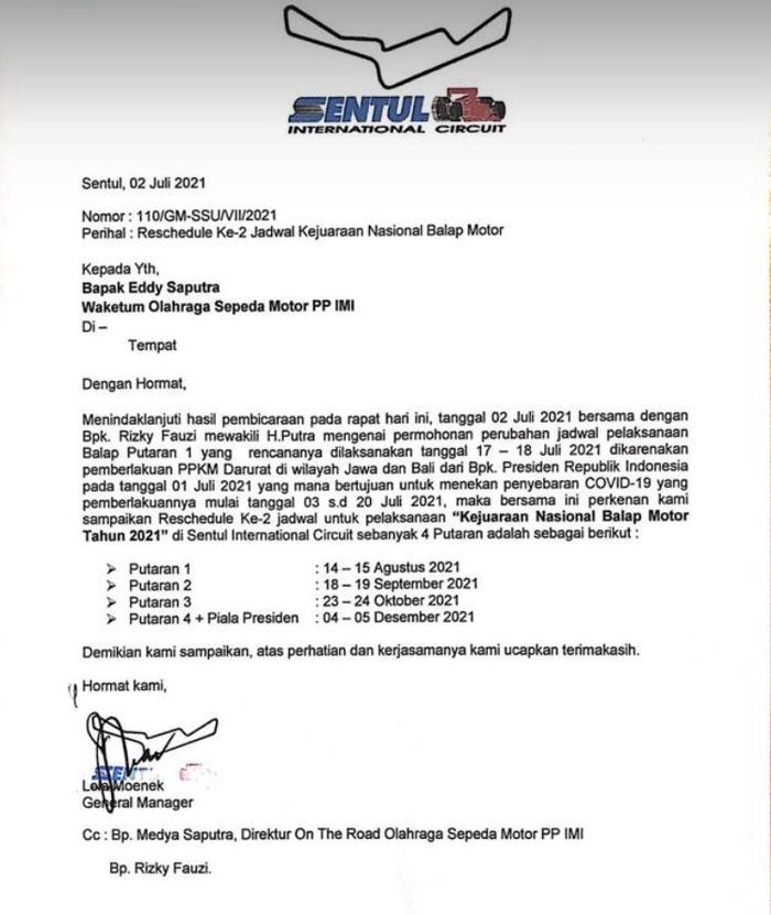 Surat edaran Sirkuit Sentul tentang Kejurnas Motor Sport yang ditunda sampai bulan Agustus. 