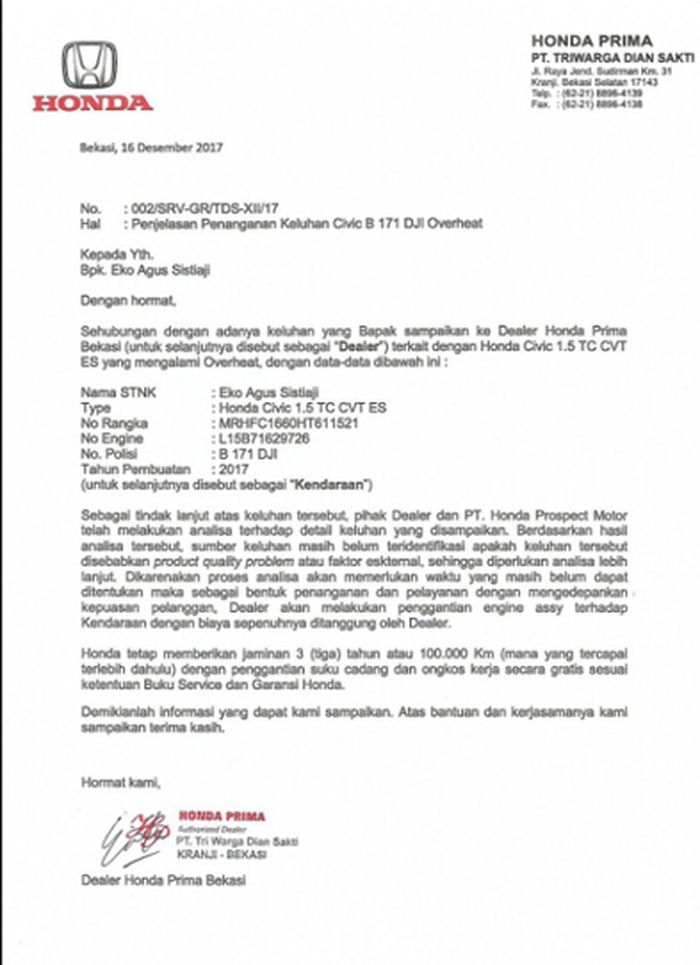 Surat pemberitahuan penggantian mesin Honda Civic Turbo milik Eko Agus Sistiaji