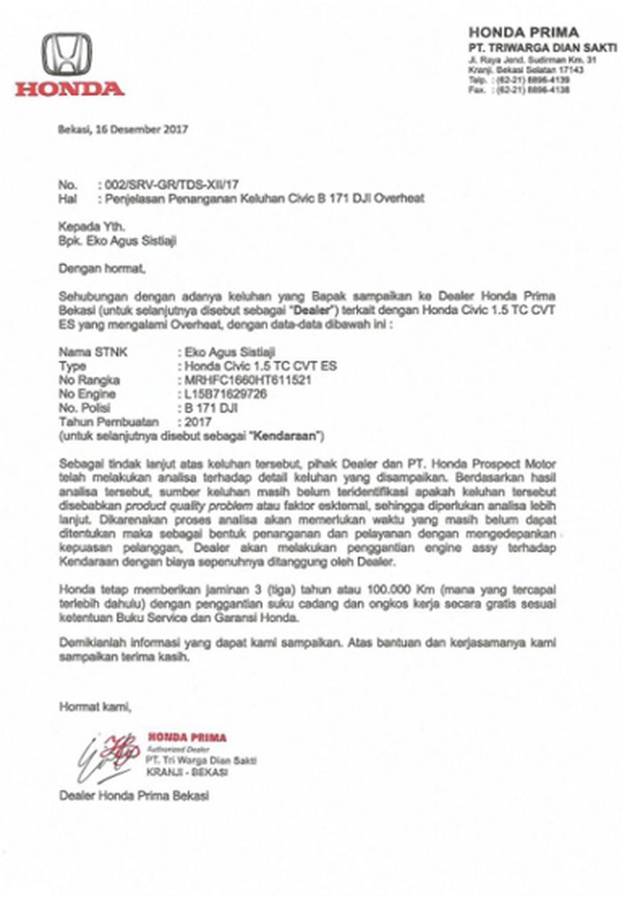 Surat pemberitahuan penggantian mesin Honda Civic Turbo milik Eko Agus Sistiaji