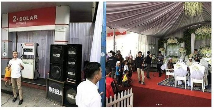 Suasana pernikahan di SPBU.(Instagram: Mbah Kung, @ketoprak_jowo)