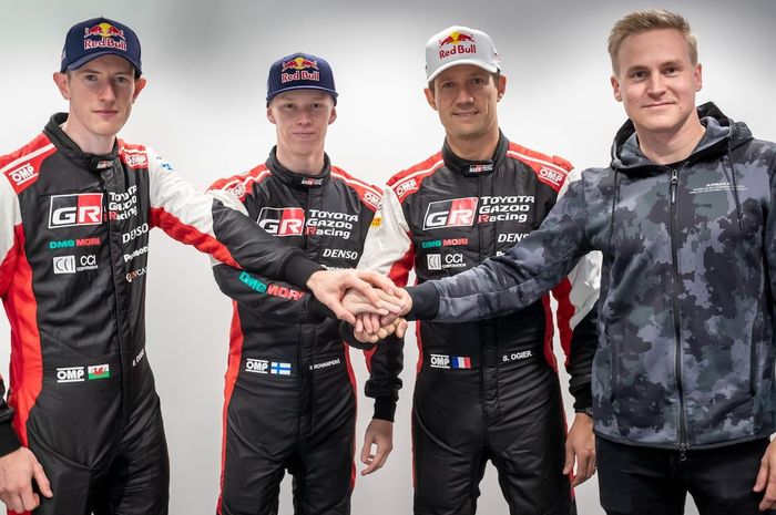 Pereli tim Toyota Gazoo Racing untuk musim WRC 2022, dari kiri ke kanan: Elfyn Evans, Kalle Rovanpera, Sebastien Ogier dan Esapekka Lappi