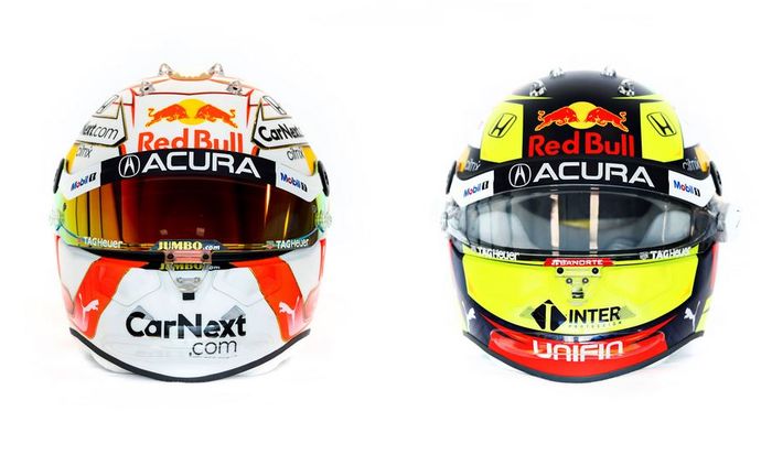 Merek Acura di visor helm pembalap tim Red Bull, Max Verstappen dan Sergio Perez untuk di F1 Amerika 2021