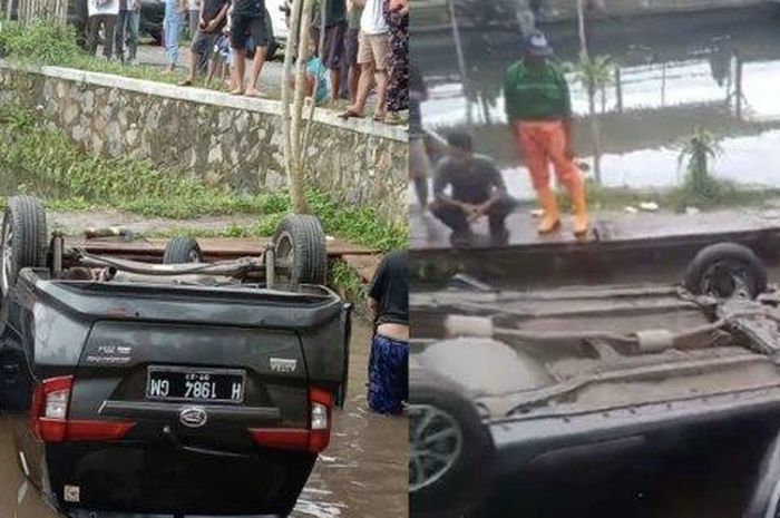 Daihatsu Sigra jungkir balik di kolam yang berisi ikan untuk terapi