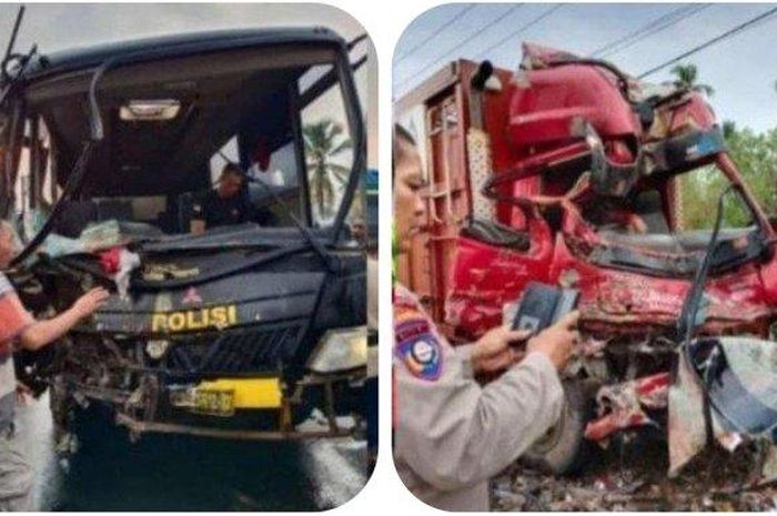 Adu banteng Bus Brimob vs truk muat tabung gas LPG. Satu nyawa melayang