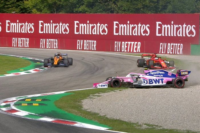 Sebastian Vettel bersenggolan dengan Lance Stroll di lap 7 F1 Italia