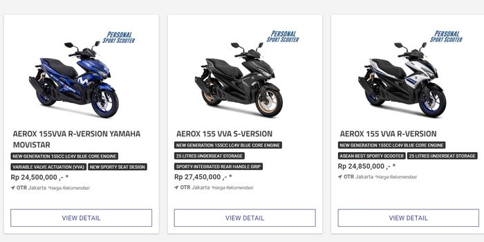 Daftar tipe Yamaha Aerox di website resmi yamaha