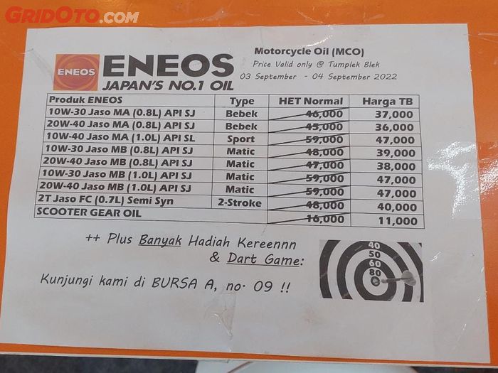 Diskon oli Eneos Indonesia di Otobursa Tumplek Blek 2022.