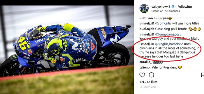 Postingan Valentino Rossi yang diledek netizen.