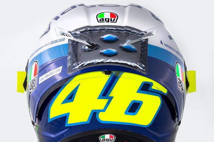 Pil biru atau biasa dikenal dengan nama Viarga pada livery helm Valentino Rossi di MotoGP San Marino 2020