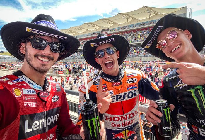 Pecco Bagnaia, Marc Marquez dan Fabio Quartararo di podium MotoGP Amerika 2021