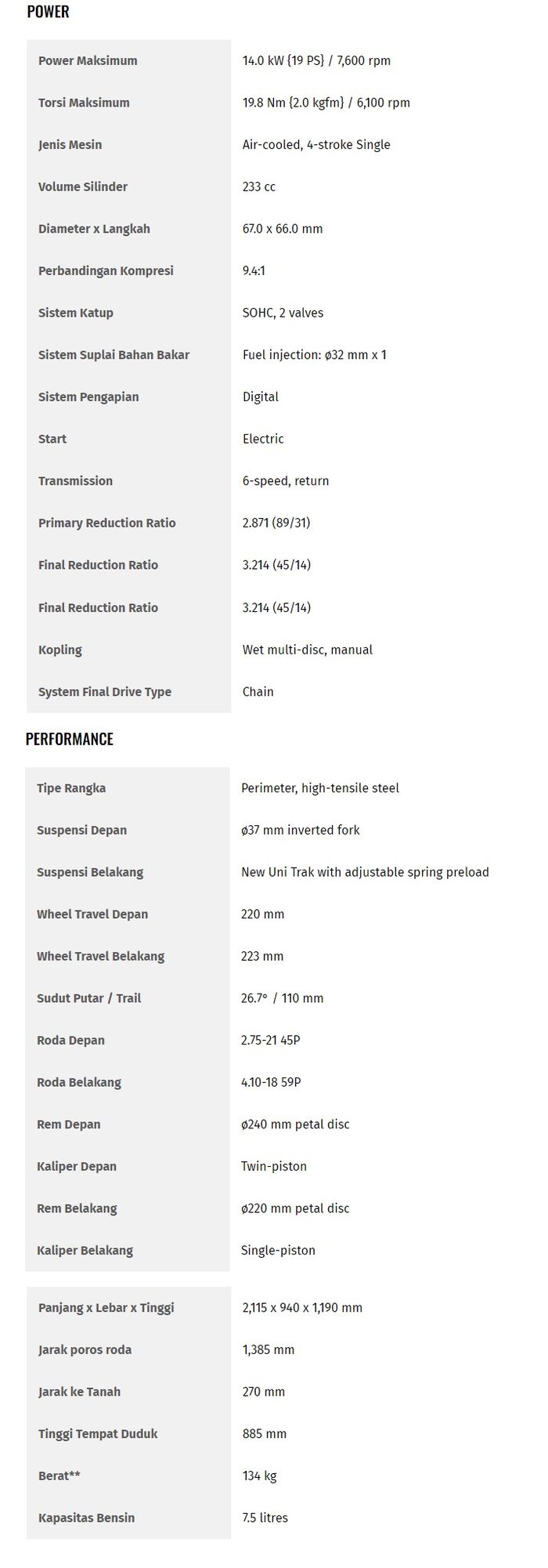 Soesifikasi teknis KLX230 SE