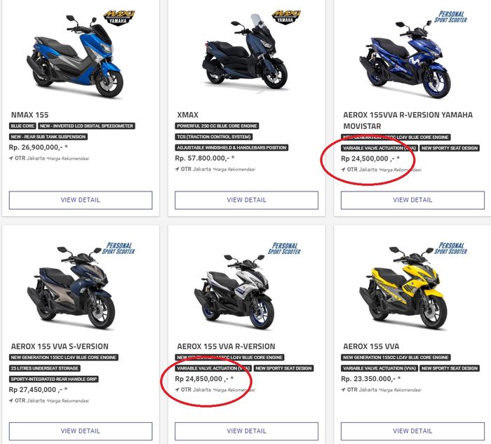 Daftar harga Yamaha Aerox di website resmi Yamaha