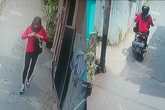 Tersangka maling motor menyamar jadi perempuan berhijan terekam  kamera CCTV saat beraksi