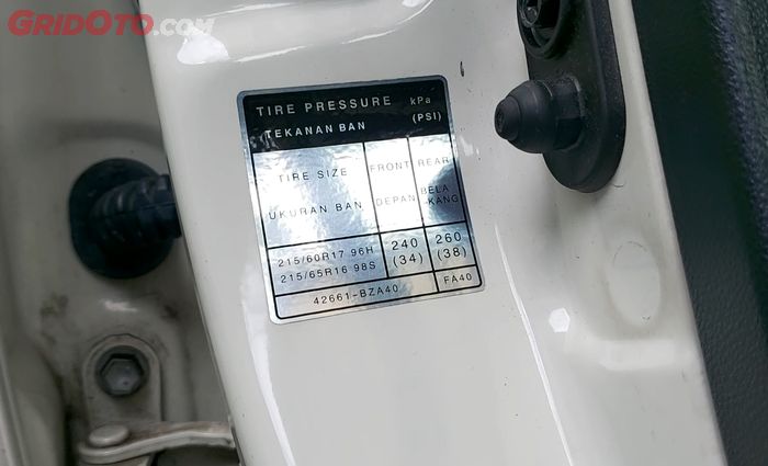 Pada bodi mobil biasanya dekat pintu atau pilar B, ditempelkan peneng atau stiker tentang ukuran tekanan ban.