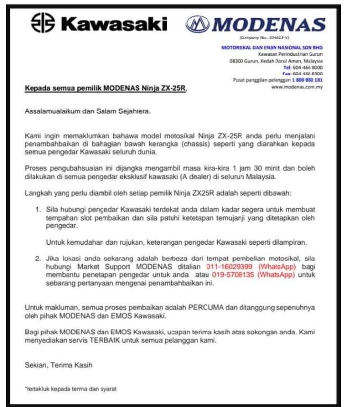 Surat pemberitahuan dari MODENAS Kawasaki Malaysia